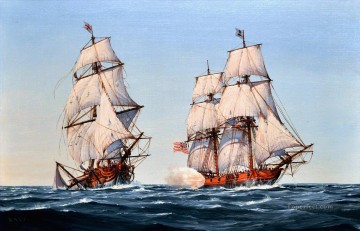 Buque de guerra Painting - El crucero de la Marina de Virginia de la Marina de los EE. UU., Capitán Barron, tomando el bergantín de la marina británica HMS Oxford Naval Battle